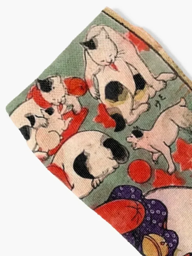 Antique Japanese Woodblock Print Cats ~ Cat Tattoo Flash Socks kawaii happy loose Climbing Boy Child Socks Women's