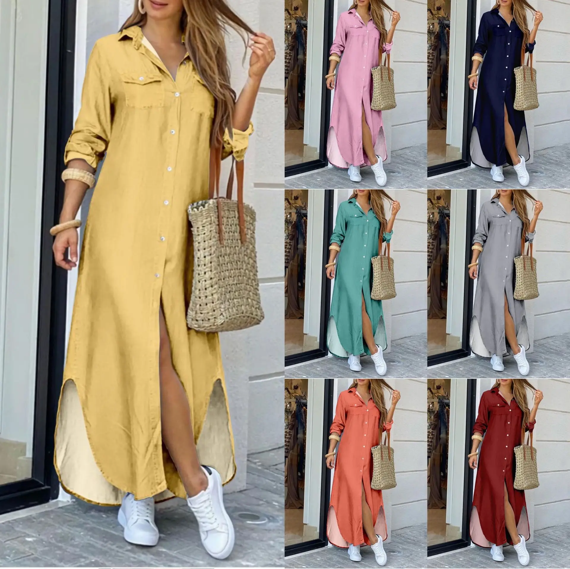 Women Dresses 2026 Spring/Summer Fashion long-sleeve solid color turn down collar button open stitch long dress vestidoes