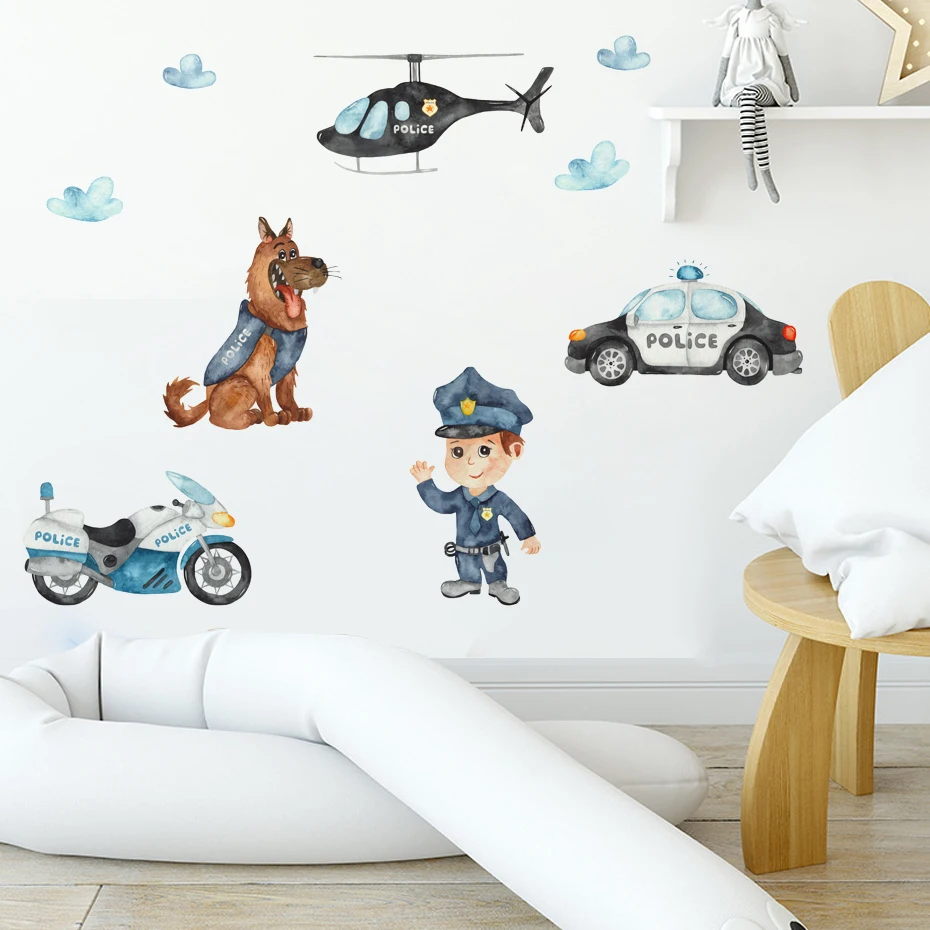 Cartoon Cute Police Helicopter Wall Sticker For Kids Room Bedroom Background Watercolor Decor Self Adhesive Home Decoration