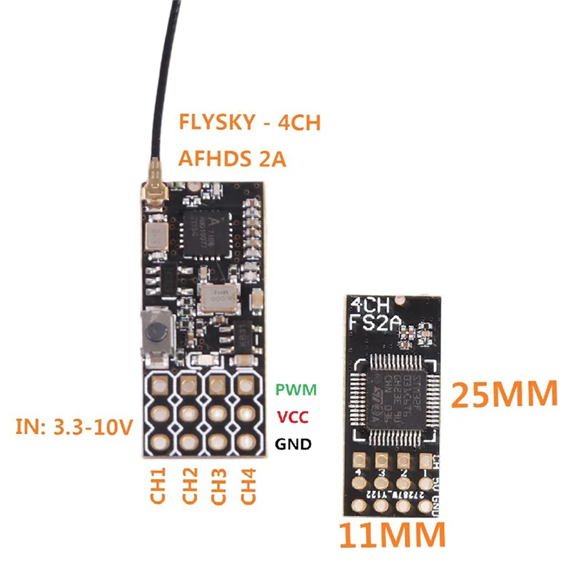 Mini receptor FS2A, dispositivo con salida PWM, 4 canales, AFHDS, 2A, Compatible con Flysky I6, I6X, I6S/FS-I6, FS-I6X