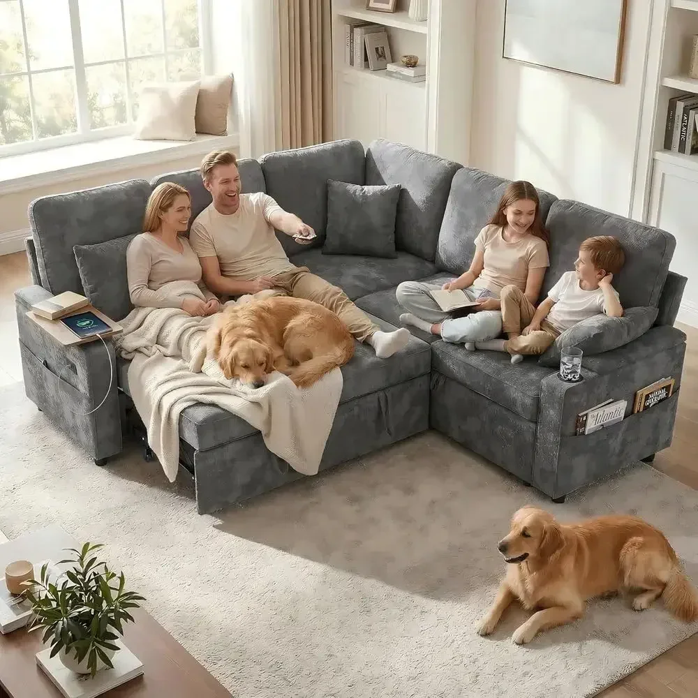 L-Shaped 5-Seater Sleeper Sofa with Pull-Out Bed, Storage, Cup Holders, USB Ports, Grey Chenille