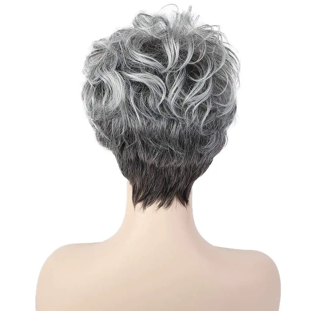 Wig for Women Synthetic Short Wig with Bangs Mixed Gray Hair High Temperature Fiber Heat Resistant Hair Daily Use Wigs