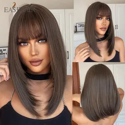 EASIHAIR Short Straight Chestnut Brown Black Synthetic Wigs with Bang Layered Medium Length Wigs for Women Daily Heat Resistant