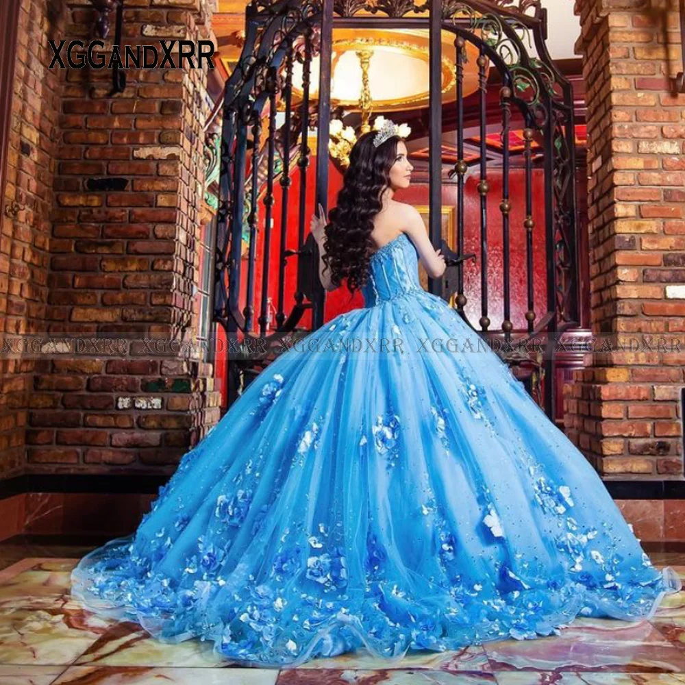 Yellow Quinceanera Dresses 2022 Sweetheart Backless Flower Ball Gown Prom Party Formal Pearls Blue Long Sweet 15 16 Birthday