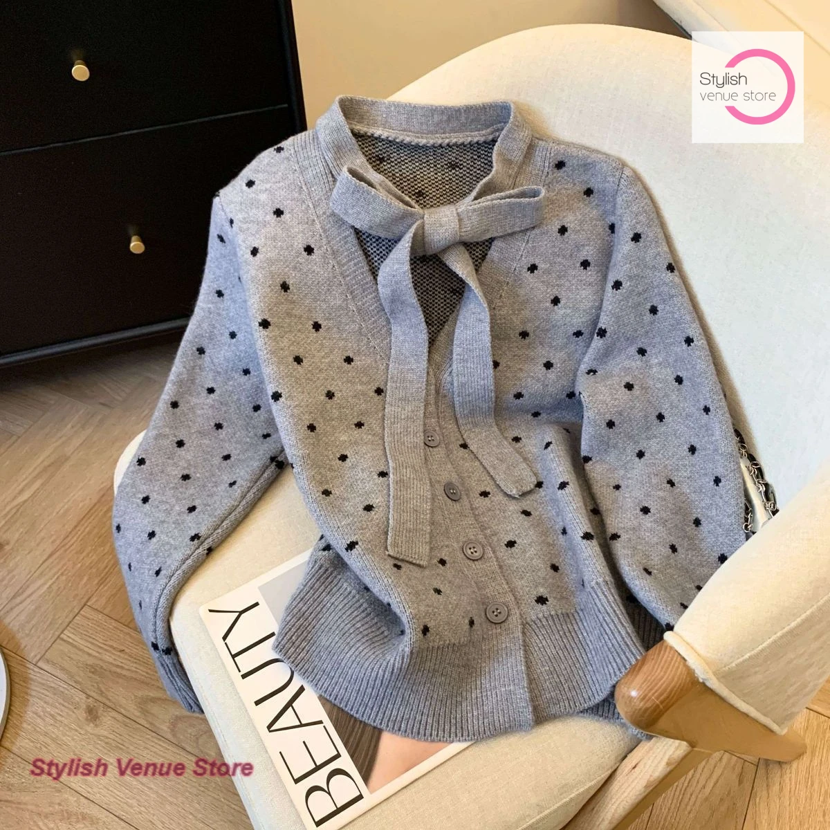 

Korean style advanced design bow polka-dot knit cardigan women's autumn and winter new lazy wind fashion Joker loose top