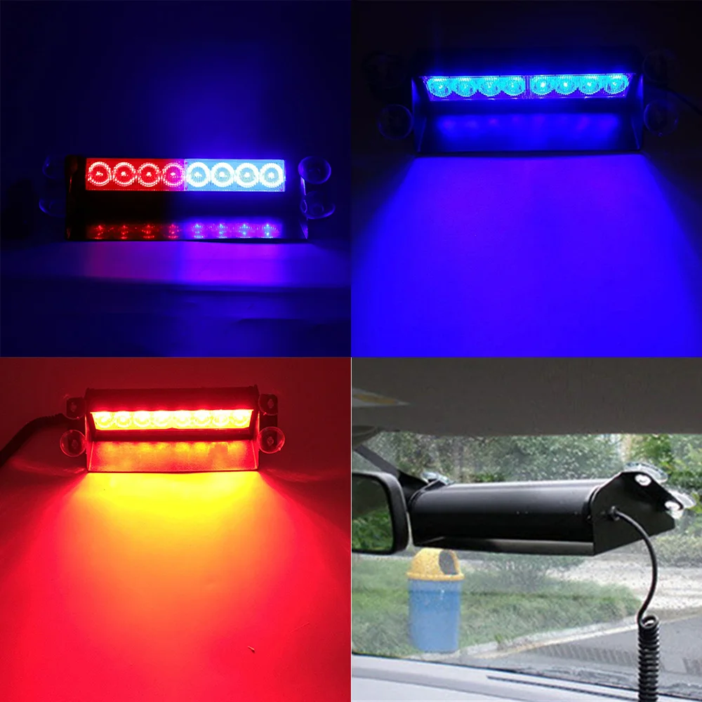12V 8LED Led Car Strobe Light Automotive Emergency Light Vermelho Azul Piscando Aviso Lâmpada Polícia estroboscópios com Ventosa