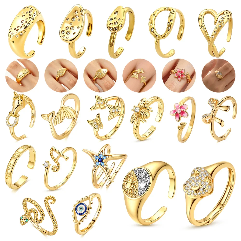 Original S925 Silver Open Ring Vintage Sun Moon Heart Snake Bee Butterfly Bowknot Shiny Zircon Rings Jewelry for Valentine Gift