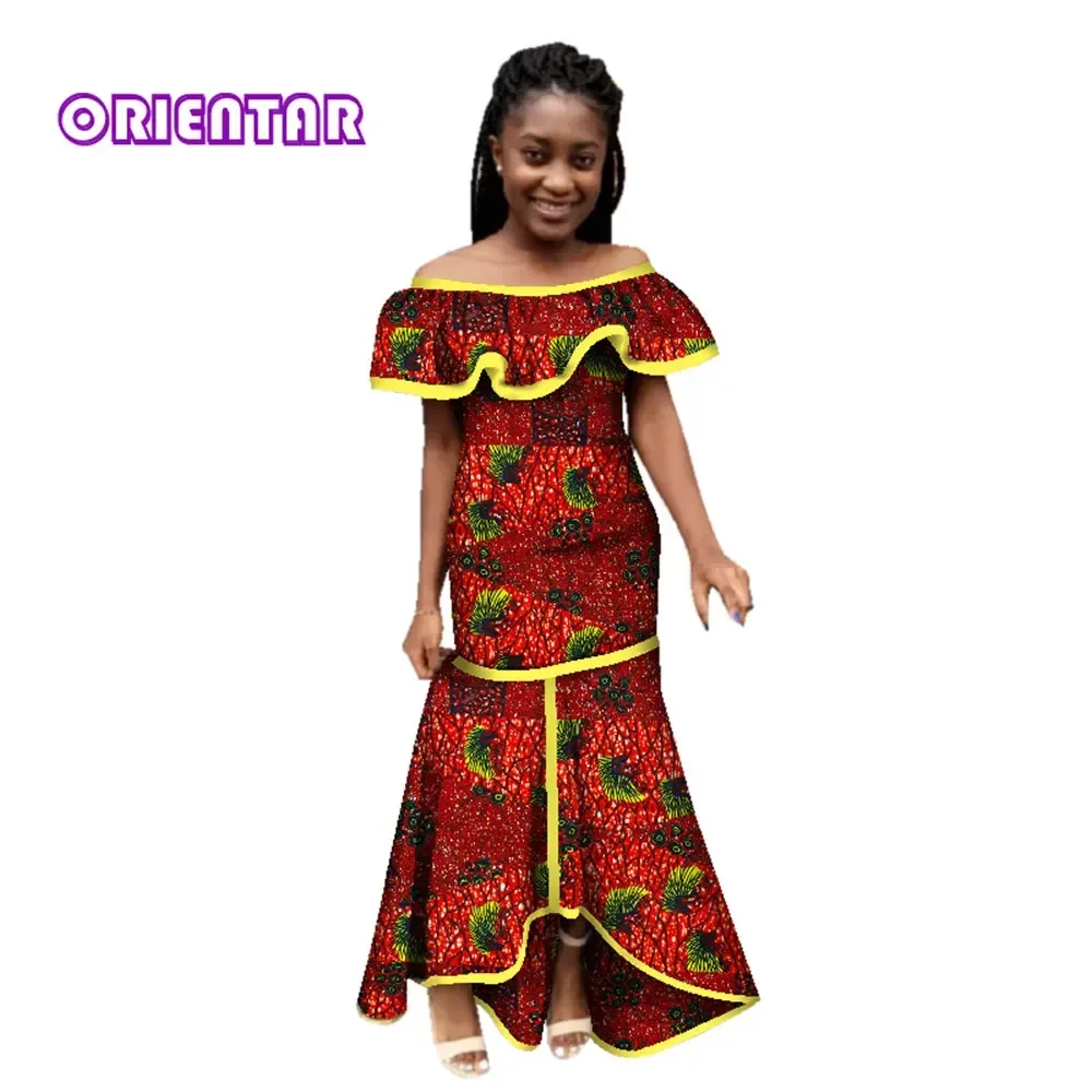 Fashion Women African Dress Slash Neck Long Maxi Dress Bazin Riche African Print Clothing for Women Party Evening Dress WY2781