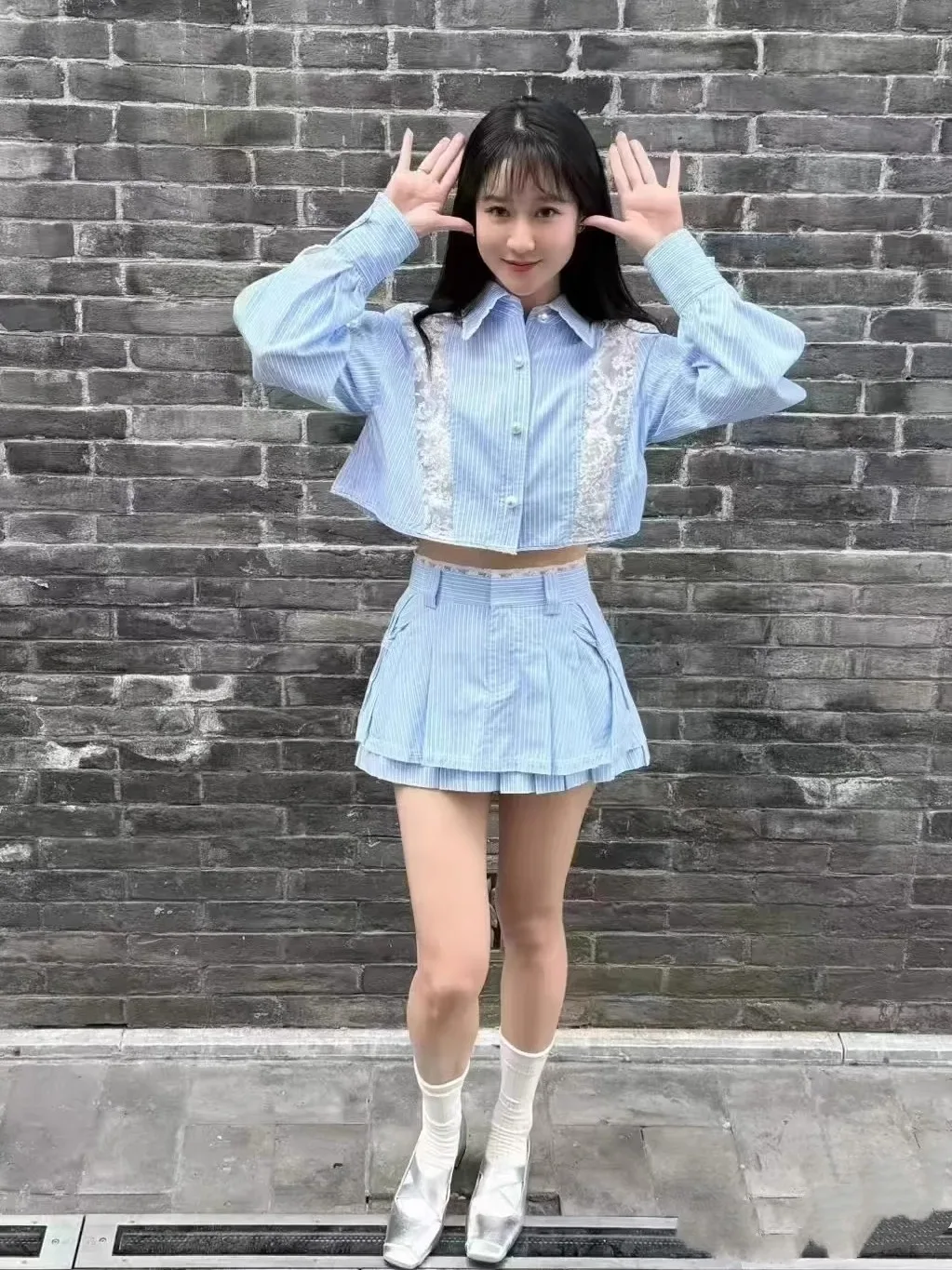 

Sweet Lace Splice Striped Long Sve irt Женский топ премиум-класса Faion Commute Sle свободного покроя с воротником на пуговицах