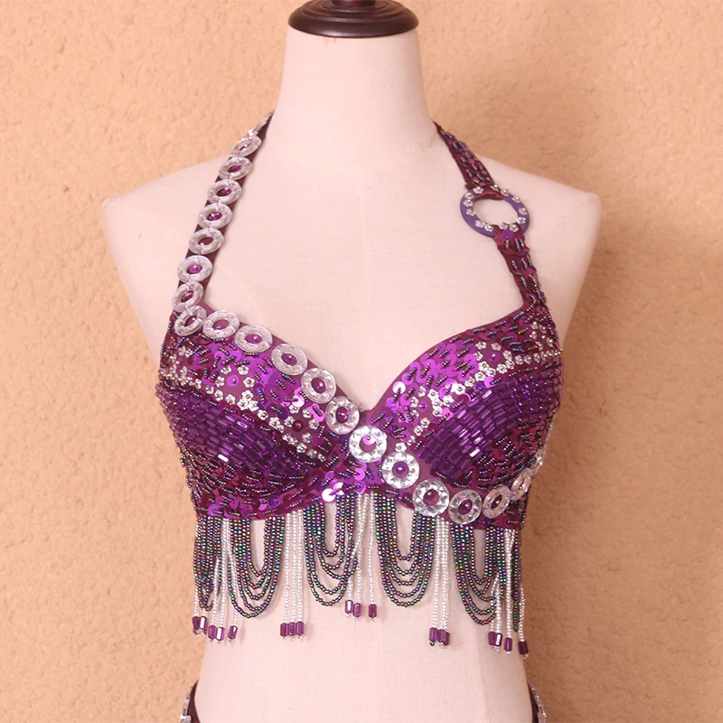 ผู้หญิงเซ็กซี่ Belly Dance Beaded Top Bra เข็มขัด 2 ชิ้น Handmade สวมใส่ Belly Dance เครื่องแต่งกายชุดหญิง Bollytwood Dance เครื่องแต่งกาย