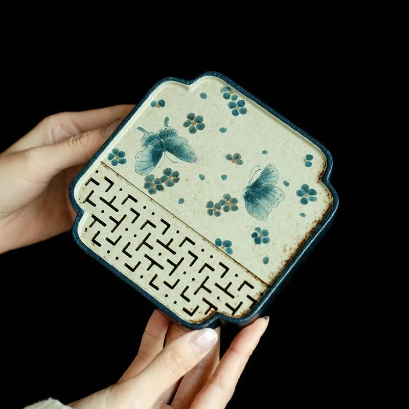 

Blue And White Flint Red Square Tea Tray Handmade Gold Drawing Butterfly Water Storage Dry Bubble Tray Teapot Base Tea Ceremony