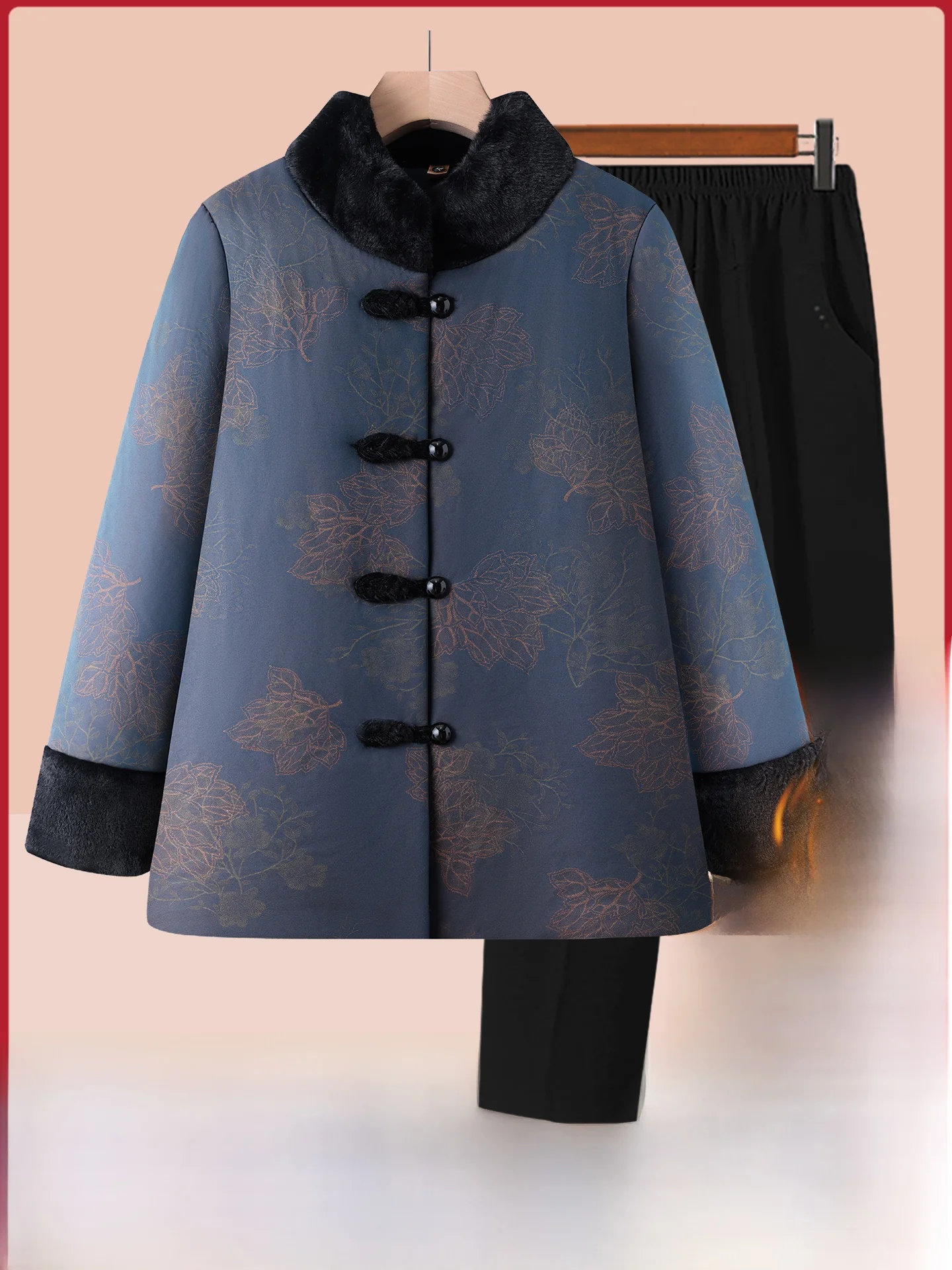 高齢女性向け厚手フリース冬用綿ジャケット、伝統的な中国風の長ズボン、シングルボタン留め、保温性