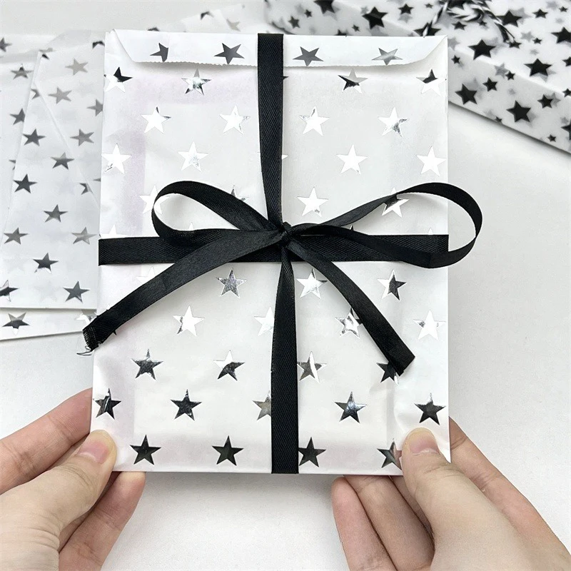 10 Pcs Simple Silver High-End Star Hot Stamping Paper Bag Gift Packaging Bag Card Out Kraft Paper Packaging