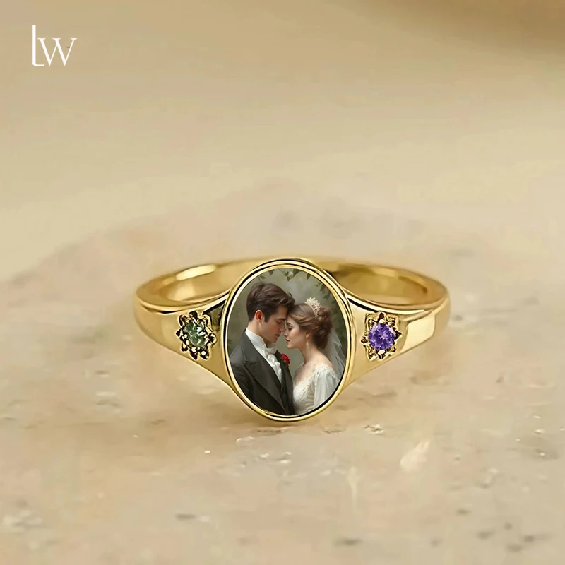 Custom Picture Rings Oval Photo Ring With 2 Birthstones Personalized Photo Memorial Anniversary Keepsake Rings for Women Mom