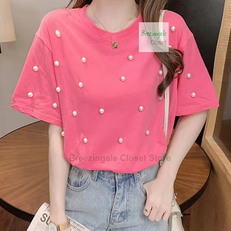 

French niche heavy industry nail bead pure cotton short sleeved women's spring new style loose temperament half sleeved top