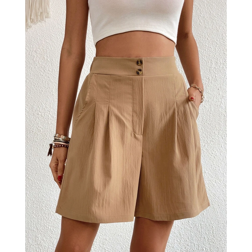 

Summer Women Ruched Deisgn High Waist Shorts Female Casual Buttoned Wide Leg Elegant Korean Style Hot Pants Streetwear Outfits