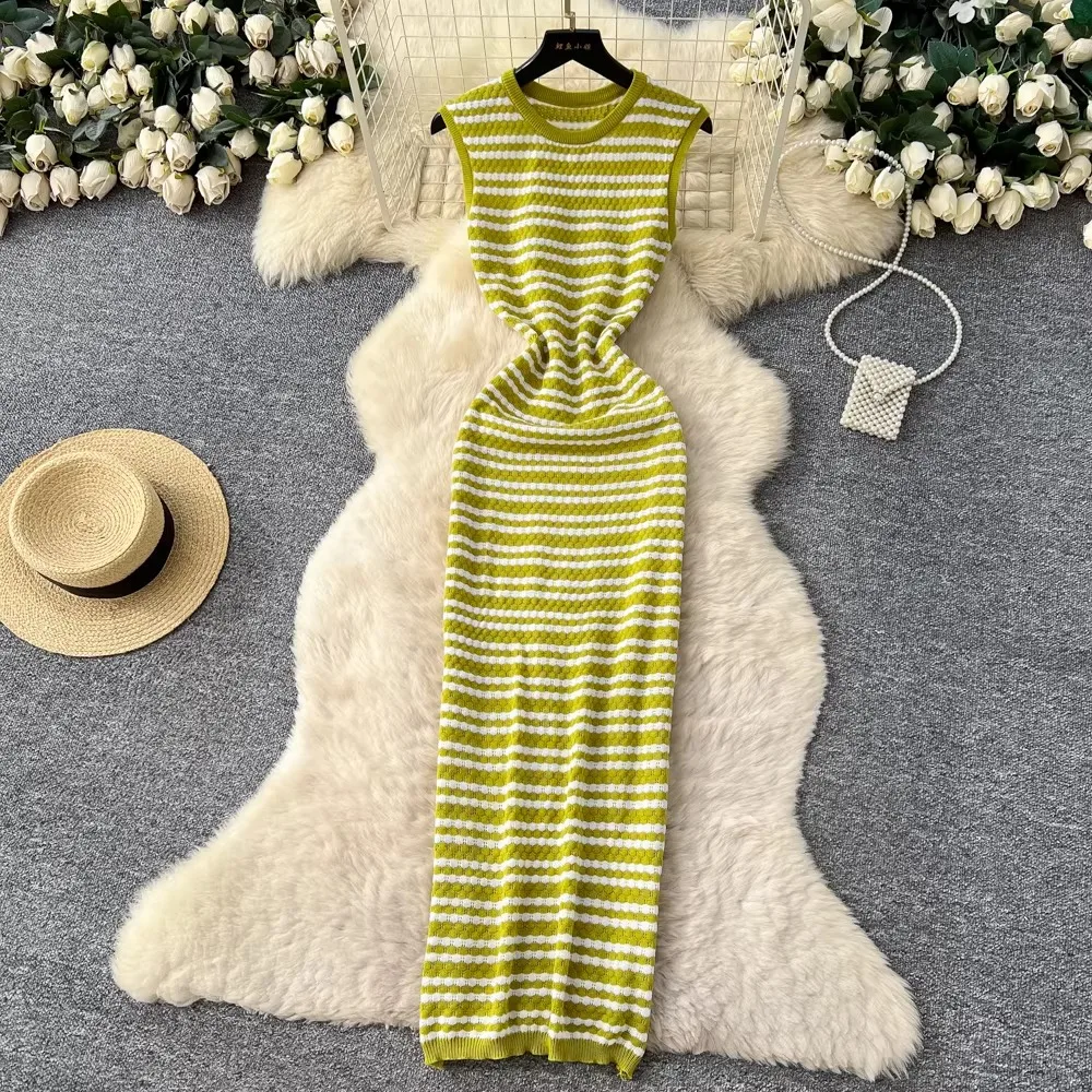 YuooMuoo Schickes, modisches, sexy Wickelkleid aus Strick, langes Kleid, Sommer 2026, Damen, lässig, O-Ausschnitt, ärmellos, gestreift, Tank-Kleid, Streetwear