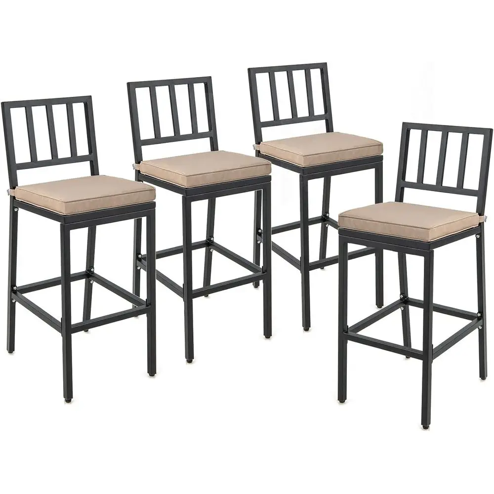 4-Piece Outdoor Metal Bar Chairs with Cushions and Footrests for Patio, Garden, and Poolside
