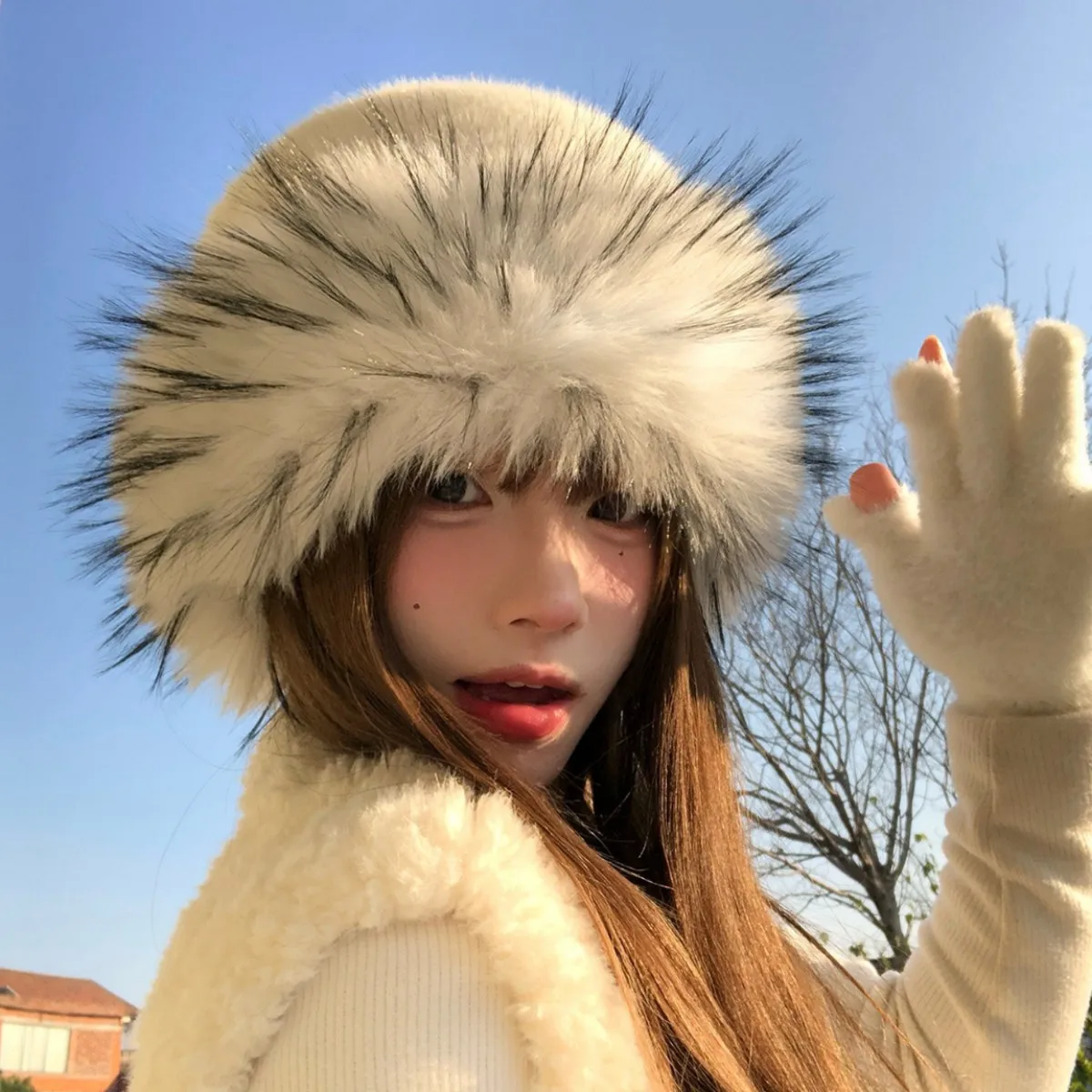 White Faux Fur Mongolian Hat Women Fluffy Plush Beanie Hat Thick Warm Furry Bucket Hat Winter Windproof Snow FurryHat Streetwear