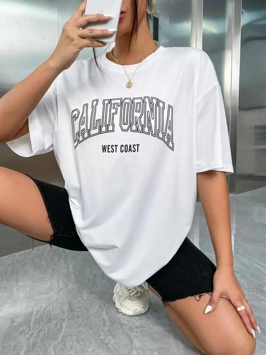 2026 Summer TopsFlirla Drop Shoulder Letter Graphic Tee Graphic Tees Women TopsLoose And Comfortableshirt
