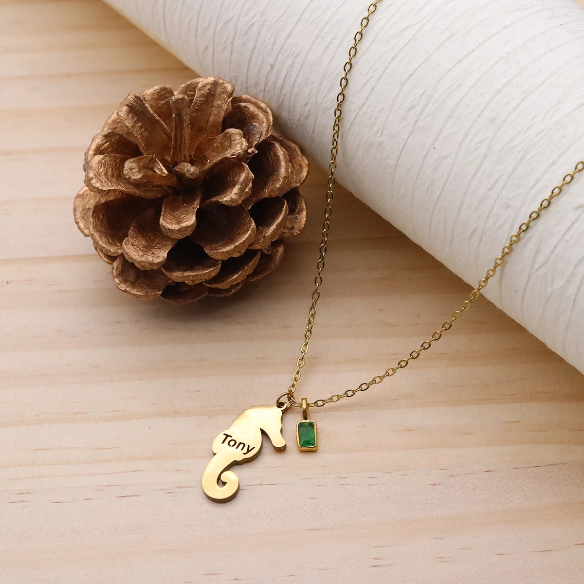 QIAMNI Custom Name Birthstone Marine Life Chain Necklace Stainless Steel Ocean Seahorse Nameplate Pendant Choker Jewelry Gift