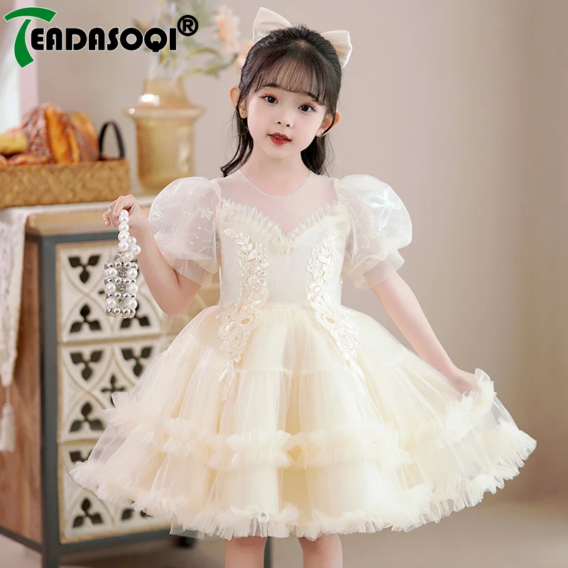 3-10Y Summer Kids Dress For Girls Mesh Emboridery Prints Lace Puff Short-Sleeve Flower Children Formal Wedding Princess Dresses