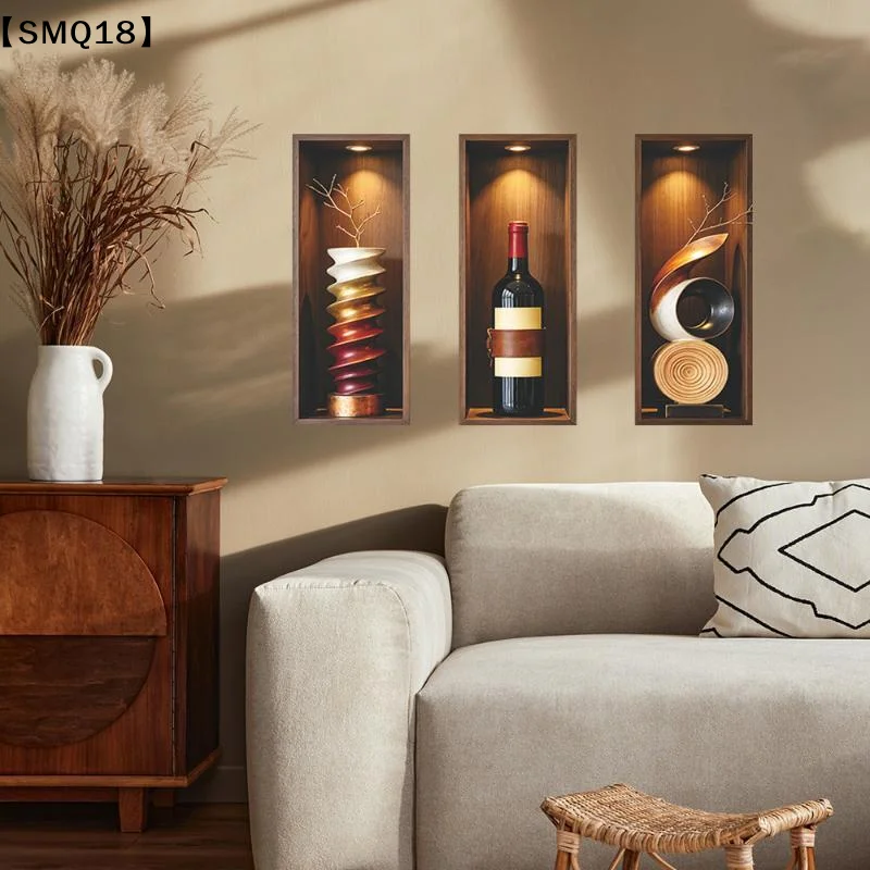 3Pcs 3D Wine Cabinet Niche Wall Decals Self Adhesive Removable Wine Bottle Mural for Bar Cafe Home Dining Room Decor