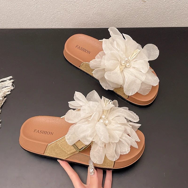 

Flower Pearl Women Slippers Flats Platform Shoes Bohemian Beach Sandals 2026 Summer Trend Walking Dress Shoes Casual Flip Flops