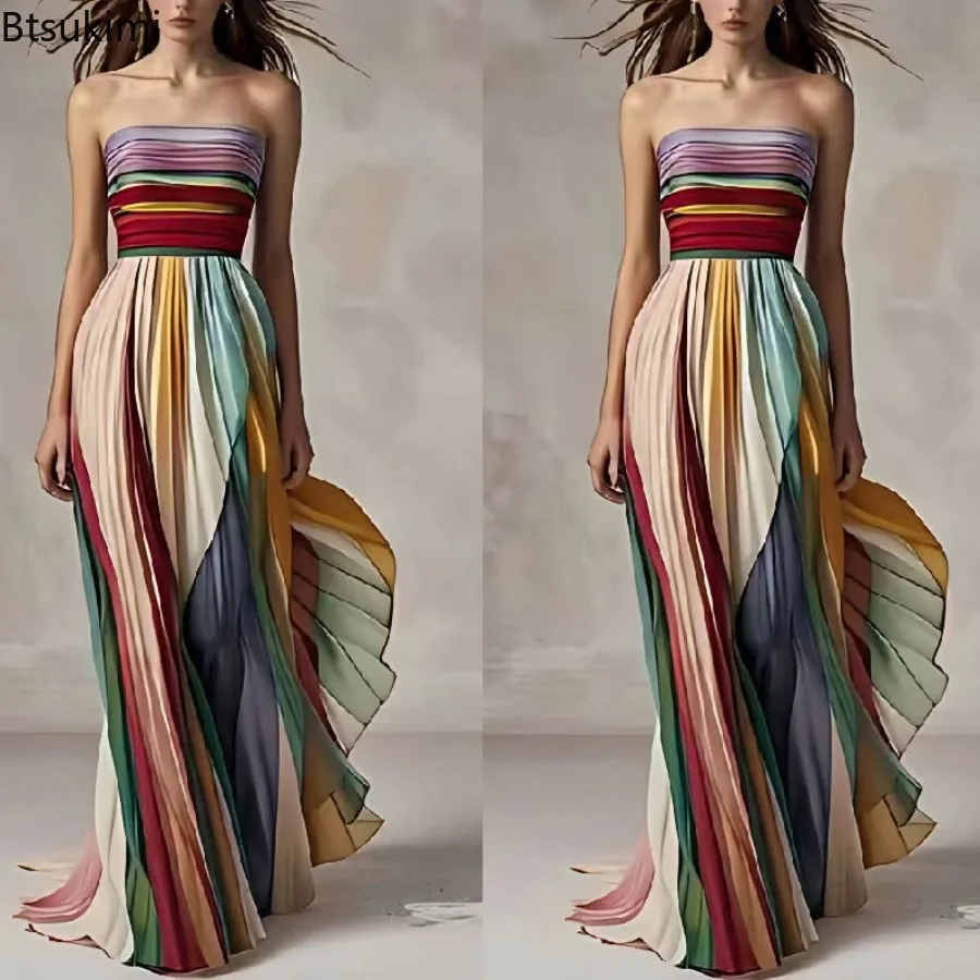 

Women's Fashionable A-line Backless Sexy Strapless Printed Multicolor Beachwear Comfortable Strapless Elegant Long Skirt Dress