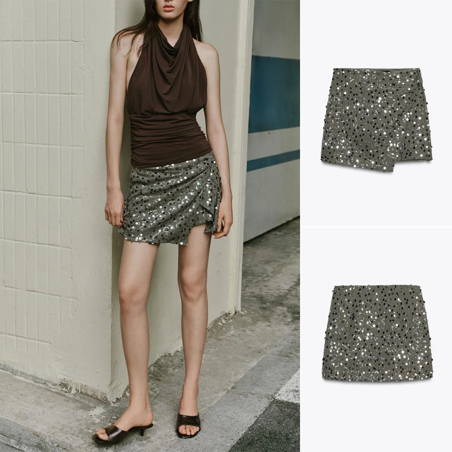 

Fall 2025 Commuter Casual Double-breasted Asymmetric Skirt Pearl Embellied A-line Stand Fit Polyester Fiber Skirt