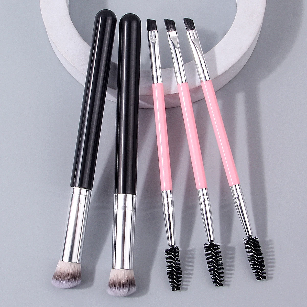 5-delige professionele make-upborstelset: concealerborstel + tweekoppige spiraalvormige mascaraborstel / eyelinerborstel, draagbare schoonheidstools