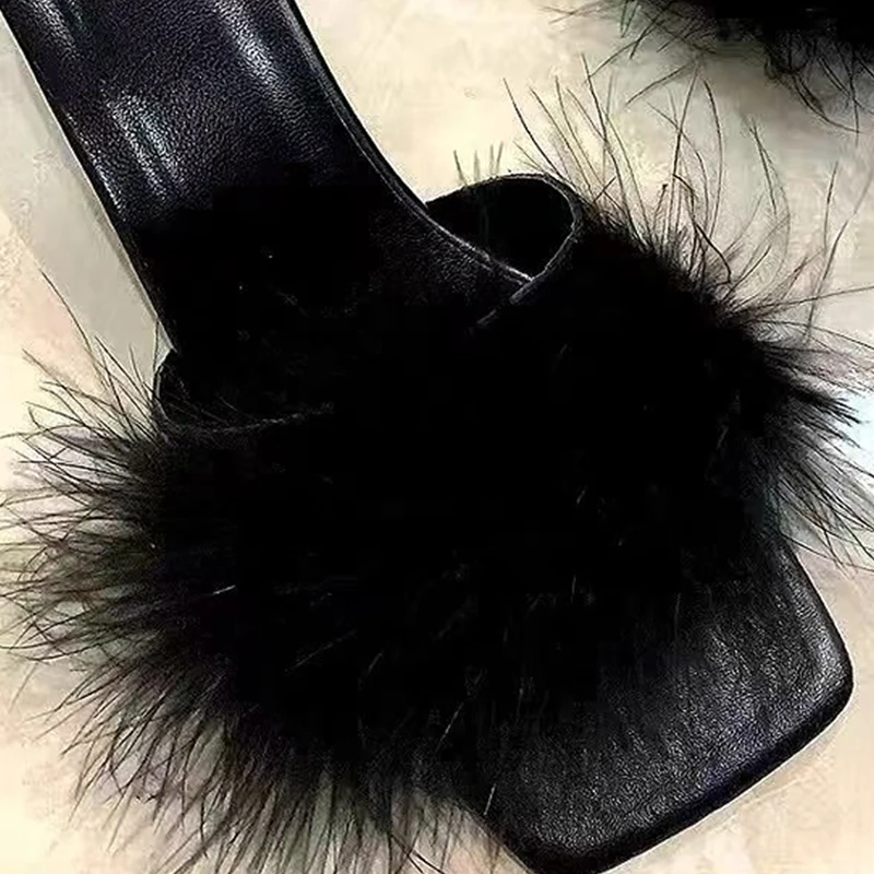 Summer New Sexy Feather Woman Slippers High Heels Fur Stiletto Peep Toe Mules Lady Slides Shoes  Высокія папернікі