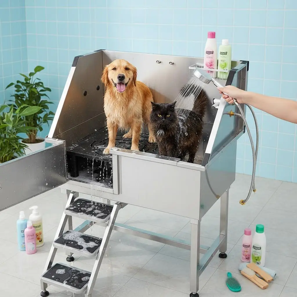 

Pet Grooming Bathing Station 38 Inch For Home Bathroom, Pet Salon, Backyard, Faucet Showerhead, Access Stairs, Small Medium D