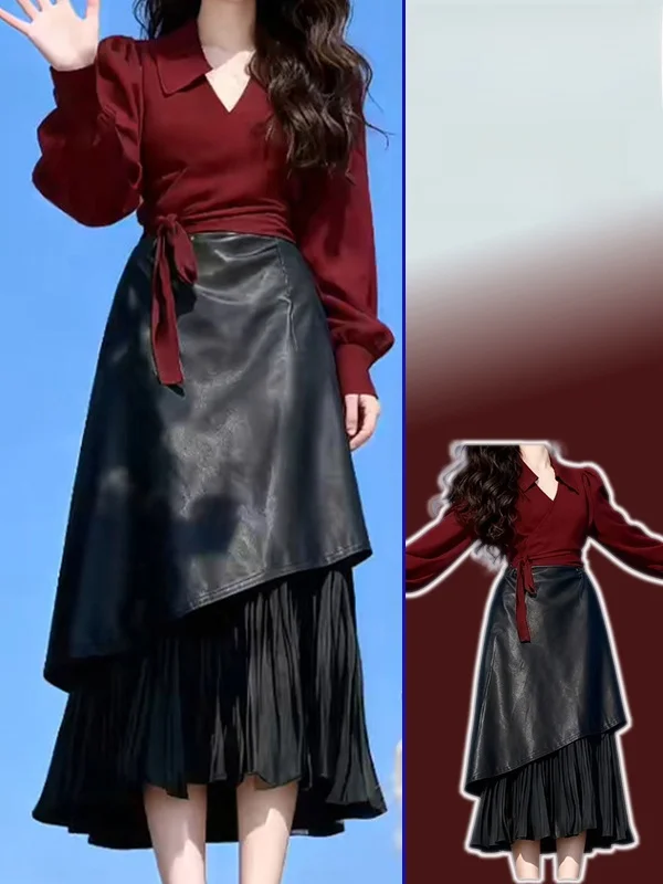 

Ele plus Size Women's Vintage Sle irt And Skirt Set with Bow Tie High Waist Asymmetrical Midi Skirt ort Sve