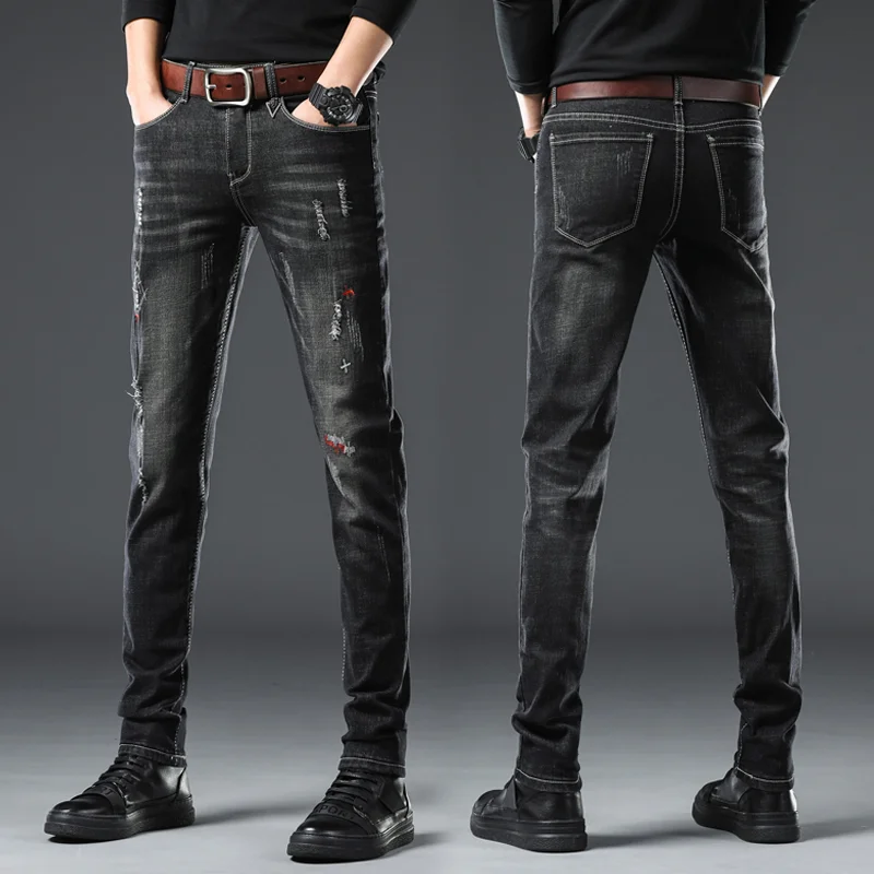 

Мужские джинсы с вышивкой и рваными элементами, прямого кроя, зауженные, повседневные, эластичные, длинные брюки, молодежные, модные, в стиле ретро, осень-зима
