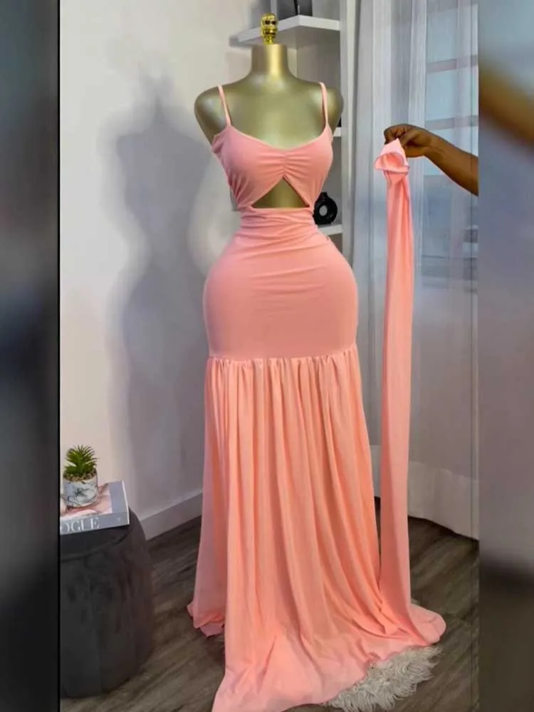 エレガントなピンクの女性用カットアウトウエストサマードレス、細ストラップセクシーイブニングロングノースリーブドレス