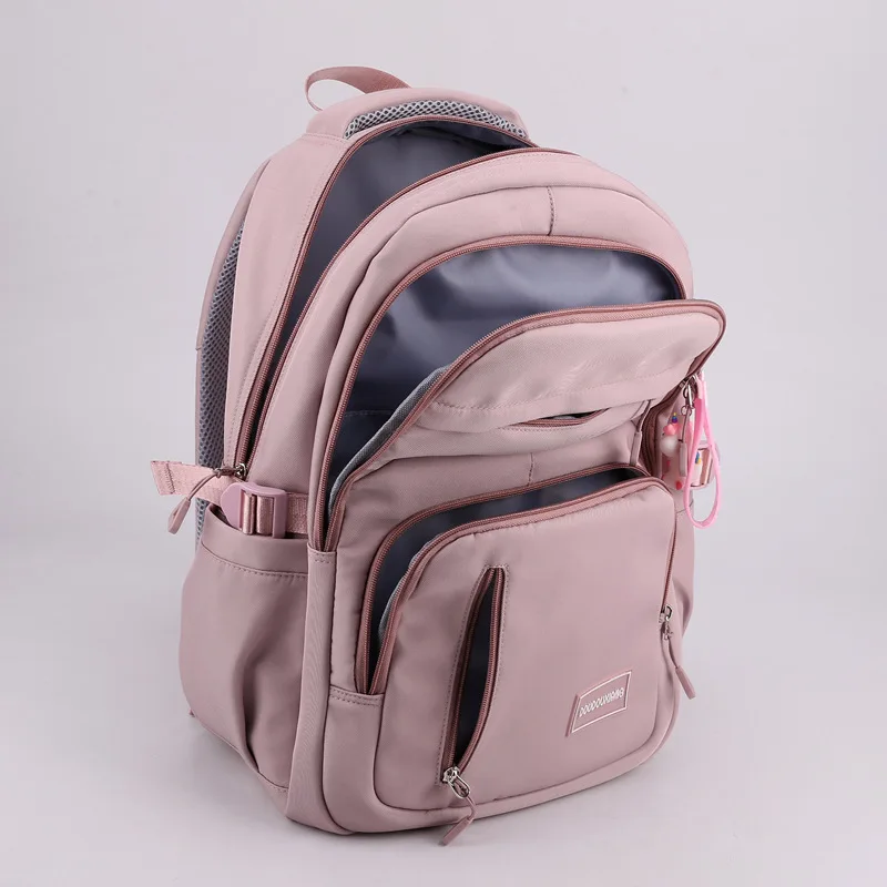 Solid Color School Bag Mesh Handle Backpack Curved Shoulder Strap High Capacity Traveling Zipper Outer Bag Layered Simplicity