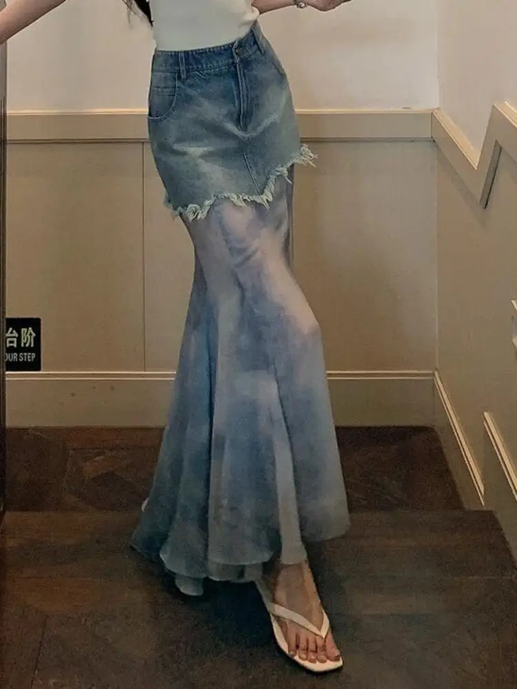 Falda de mezclilla Retro con volantes de cintura alta para efecto adelgazante, falda semitransparente con diseño de cola de pez, malla de retazos, novedad de verano 2024