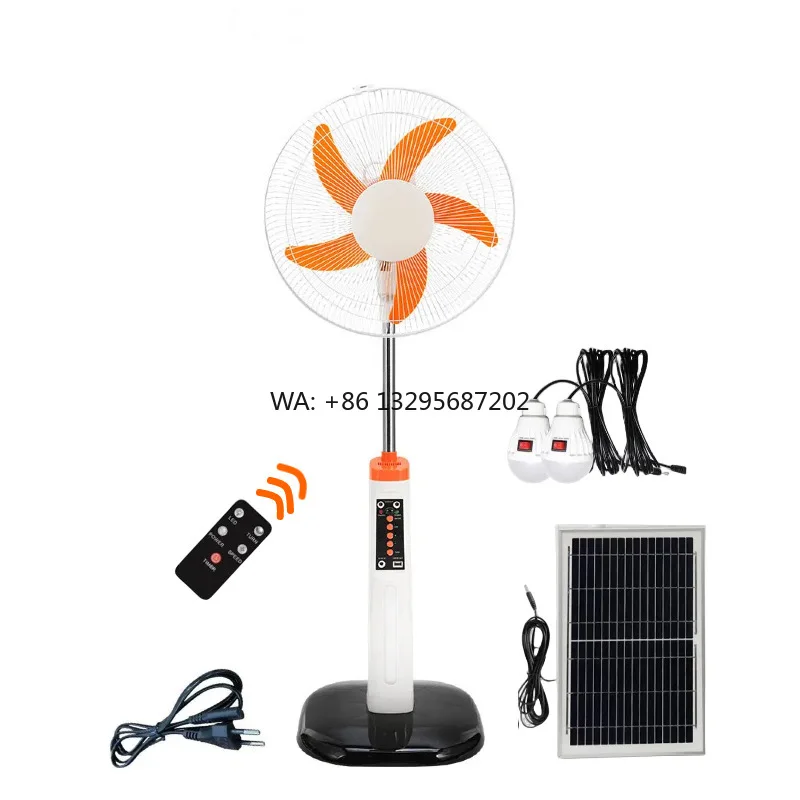 

Brushless Motor 16 Inches Solar Rechargeable Electric Stand Fan with Solar Panel and LED Bulbs
