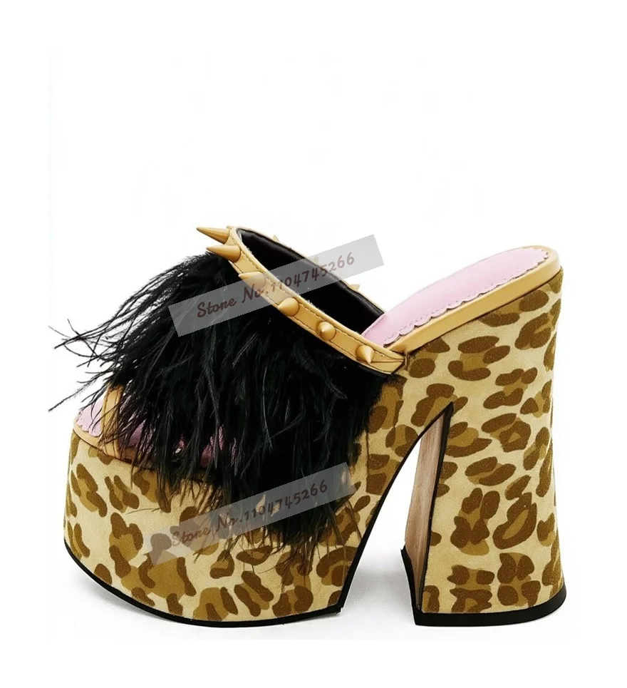 Leopard Print Chunky Block Heel Platform Mules Feather Spike Studded Open Toe Slide Sandals Punk Goth Fluffy Fur Party Shoes