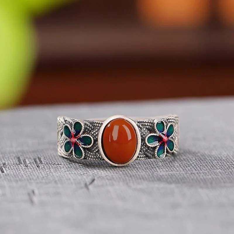 Classic design inlaid with oval south red tourmaline rings for women fashionable retro silver 925 flower ring party jewelry gift