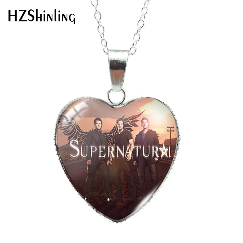 Supernatural TV Paintings Heart Shaped Glass Cabochon Pendants Handmade Necklace Jewelry