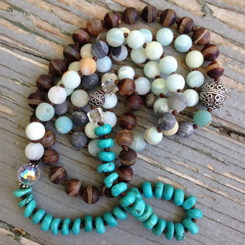 5pcs Long Layer Amazonite Tibetan Dzi Agate Turquoise Bead Necklace Artisan Bohemian Gemstone Bead Tribal Grunge Jewelry