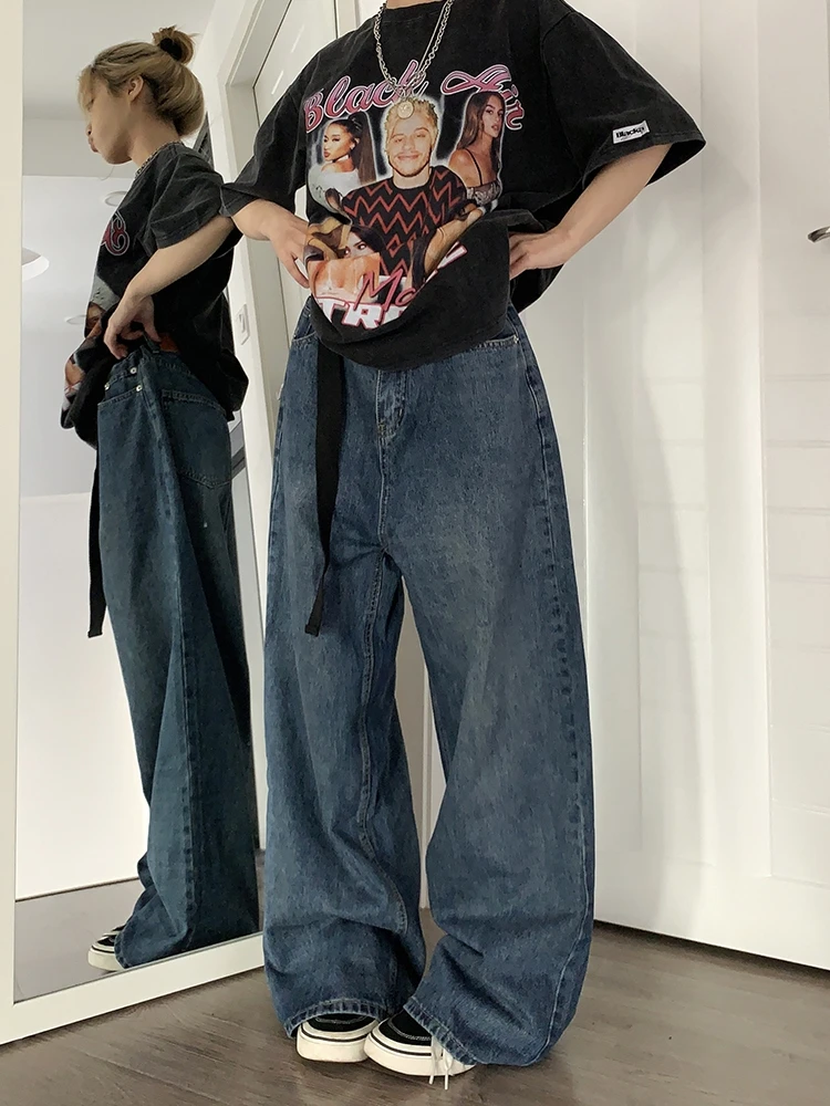 

Американские ретро-джинсы унисекс свободного кроя с широкими штанинами, прямые, удлиненные, темных оттенков, с высокой талией