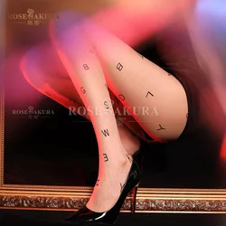 [Rose & Sakura] Silky seamless stockings T-band Open Crotch ultra-thin letter Jacquard Weave sexy tights word pattern