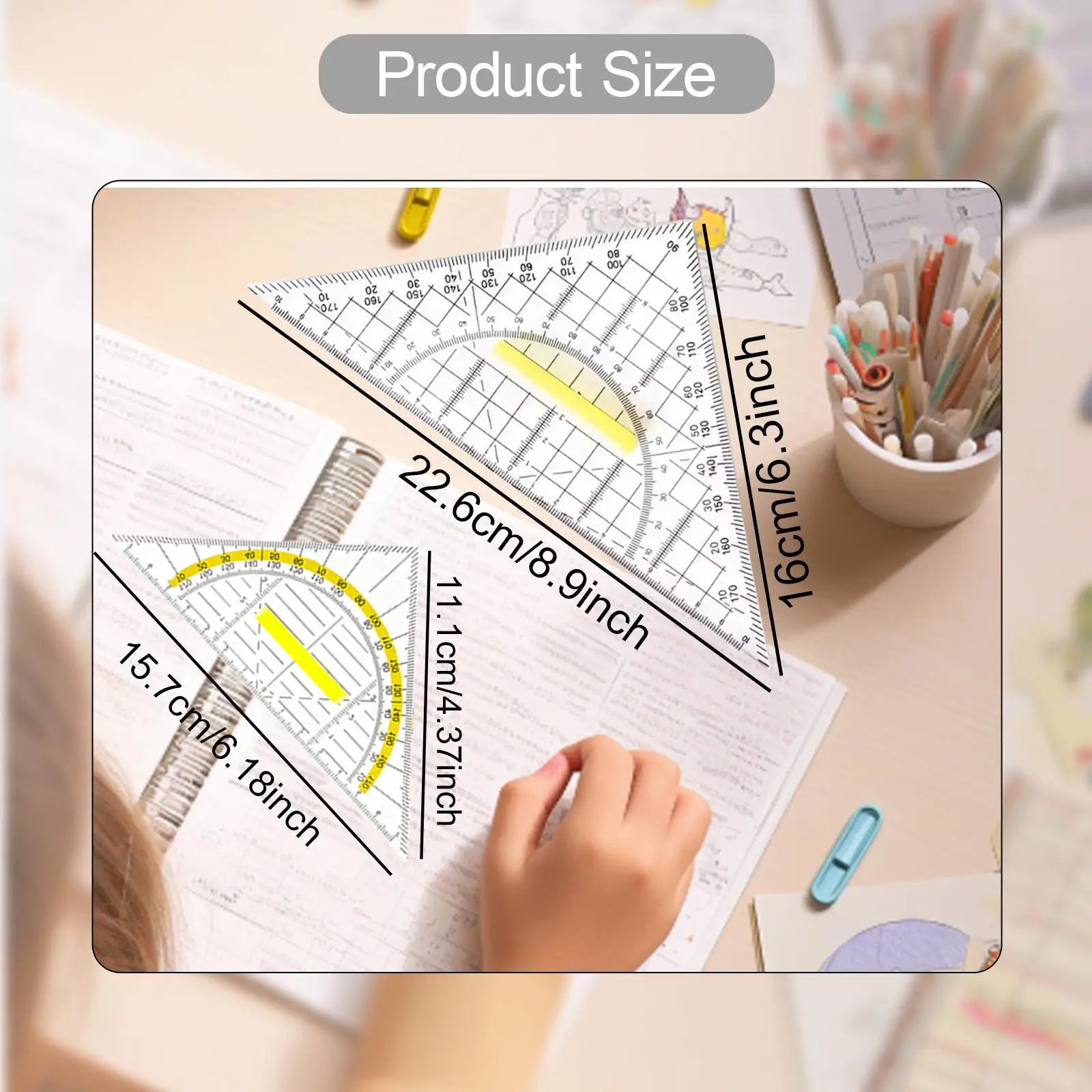 2Pcs Set Square Clear Stationery Measuring Tool with Detachable Handle Triangle Ruler for School Office University