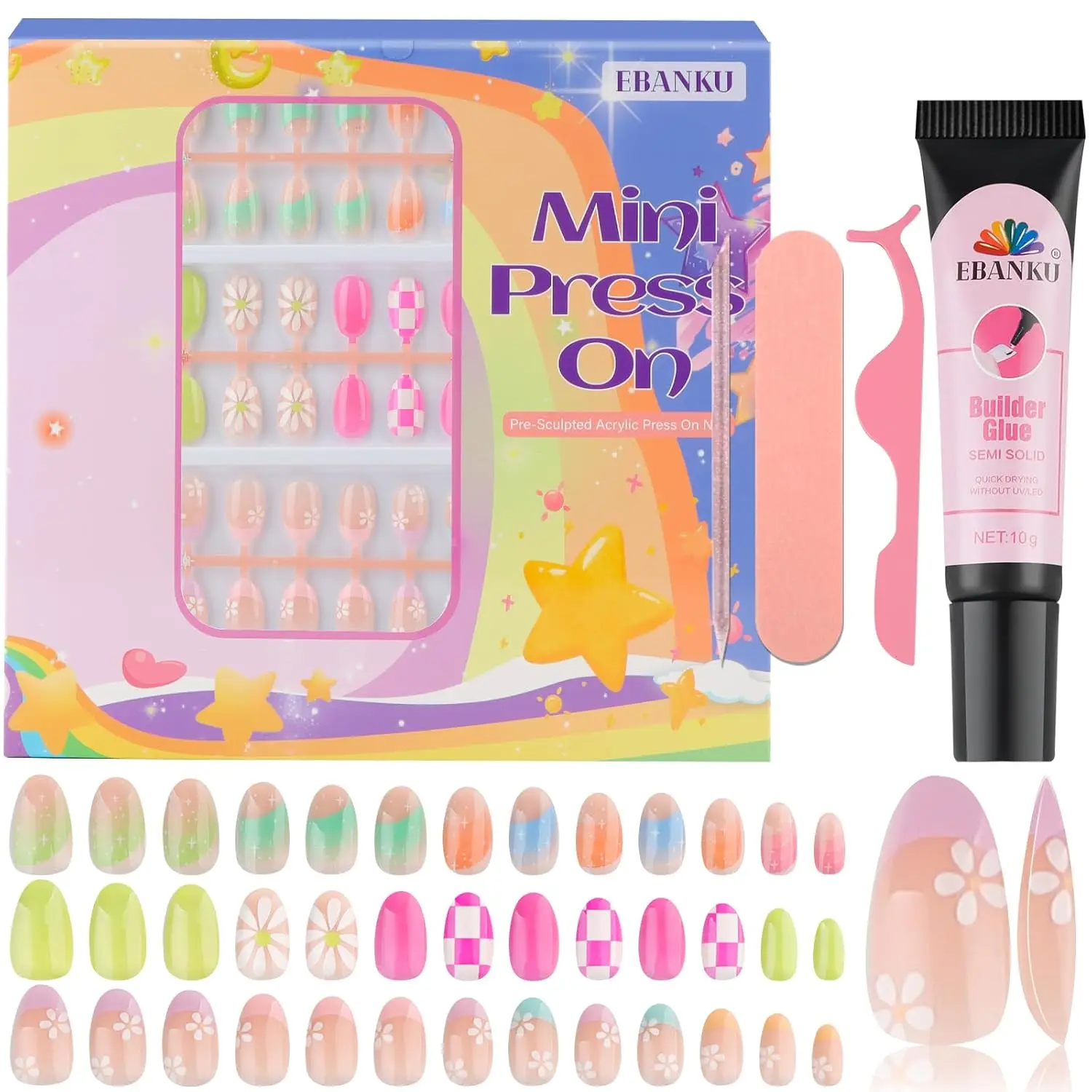 

78 Pieces Press on Nails for Kids, 3 Pack Fake Nail Kit Colorful Flower Design for Girls 8-12 with Jelly Adhesives & Glue
