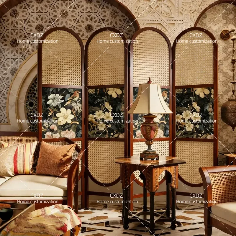 French Retro Solid Wood Rattan Folding Screen Partition for Living Room Entrance Decorative Room Divider Privacy Shield