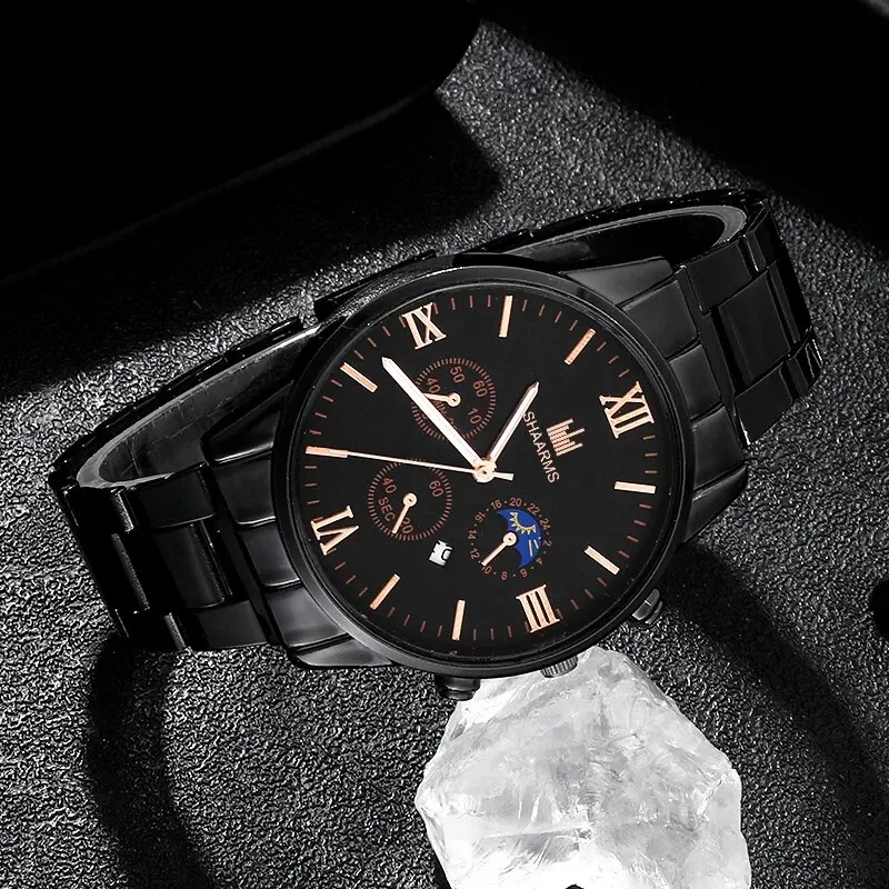 Black Watch for Men Fashion Business Calendar Quartz Wrist Watch Luxury Stainless Steel Casual Sports Watches Male Clock