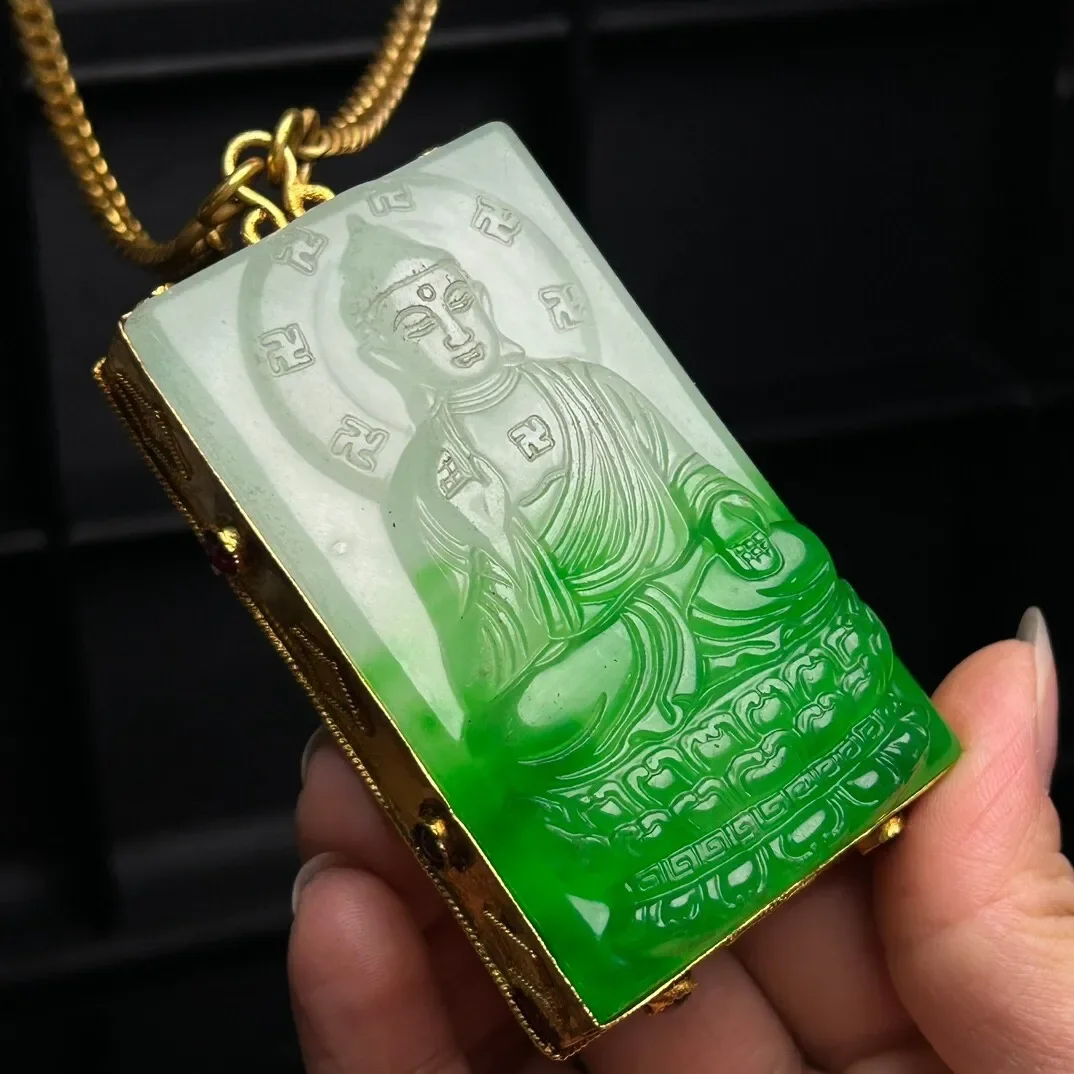 Certified Nature inlay ice Green jade Jadeite Carved Buddha Pendant&Necklace